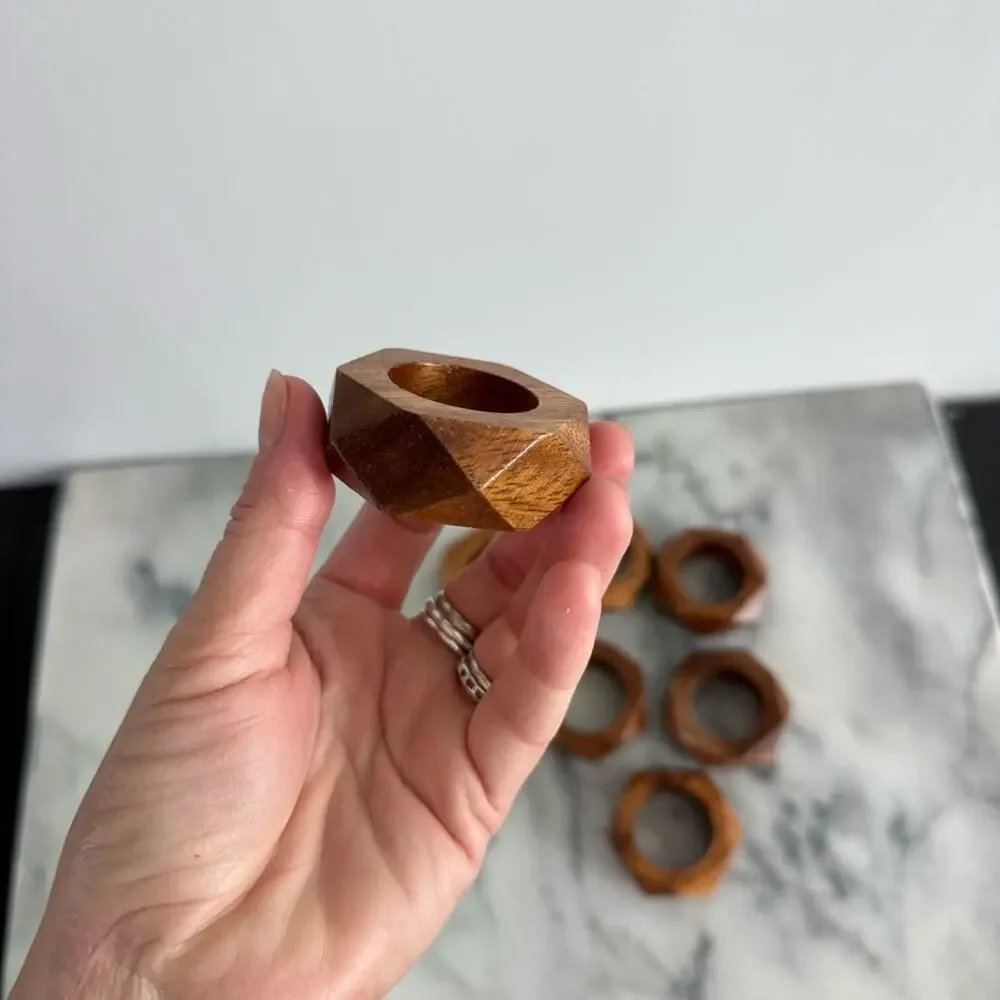 Vintage | MCM Faceted Wood Napkin Rings Set Of 8 Carved Geometric Setting Holder